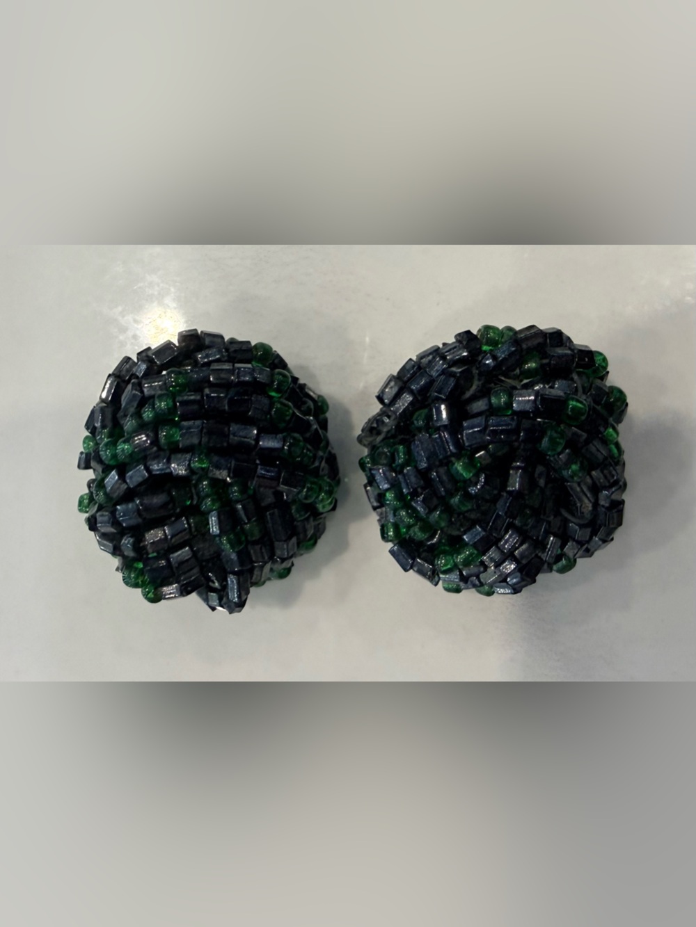 Italy Navy Blue & Emerald Green Knot Seed Bead Vintage Clip-On Earrings